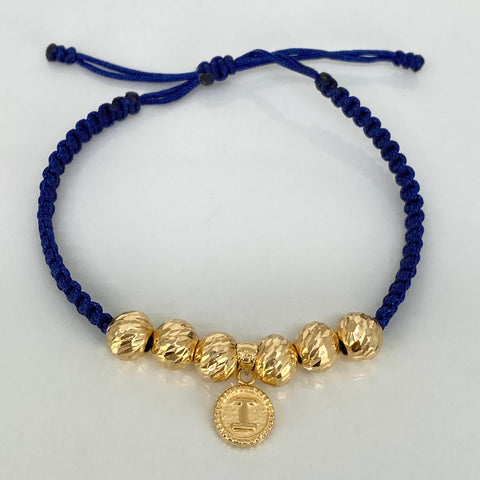 Pulsera tejida Dije Letra I / BD 6uni 7mm / Hilo Azul Oro amarillo 18k 1,71 Gr *