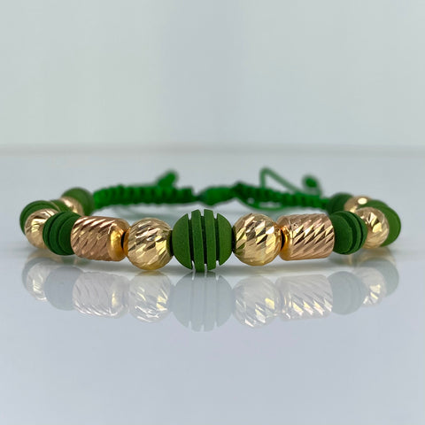 Pulsera tejida Bolas Diamantada 7- 6  mm / Cilindros Hilo Verde Oro amarillo 18k 2,10 Gr *