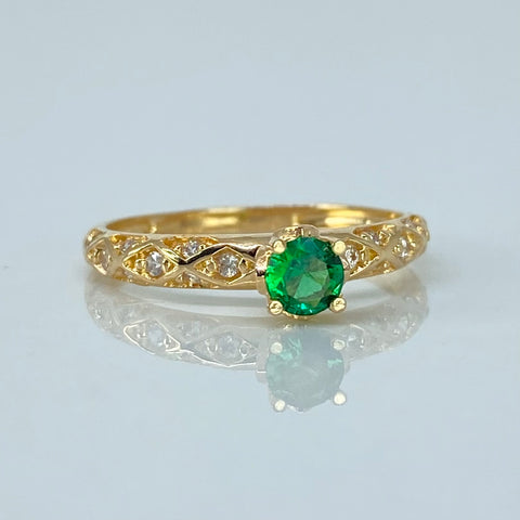 Anillo Solitario Circon Verde Y Blancos Cruzado Oro amarillo 18k / Talla 6 / 1,96 Gr