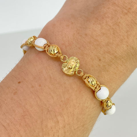 Pulsera tejida Herraje Rostro Cristo / BD 6uni 5mm / Hilo Beige Neoprenos Blancos Oro amarillo 18k 1,27 Gr †