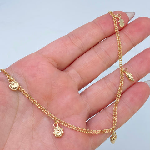 Tobillera Doble Aro Seguido Dijes Peso Oro amarillo 18k 3,48 Gr / 2,2 mm / 25 Cm *