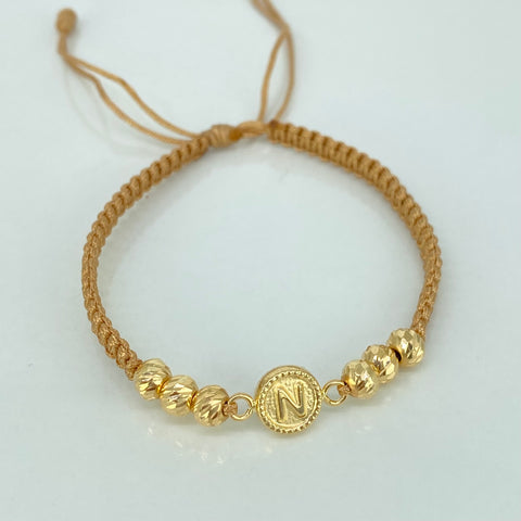 Pulsera tejida Herraje Letra N / BD 6uni 5mm / Hilo Beige Oro amarillo 18k 1,12 Gr *