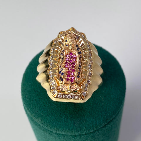 Anillo Contorno Virgen Guadalupe Circones Blancos Fucsias Y Azules Oro amarillo 18k / Talla 9 / 12,24 Gr  †