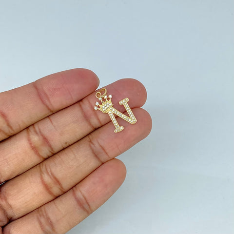 Dije Letra N Corona Circones Blancos Oro amarillo 2,15 Gr / 2,8 Cm *