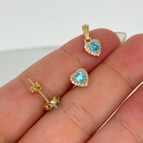 Dije Corazon + Topos Circones Blancos Celestes Oro amarillo 18k 2,4 Gr / 6,7 mm / 1,5 Cm *