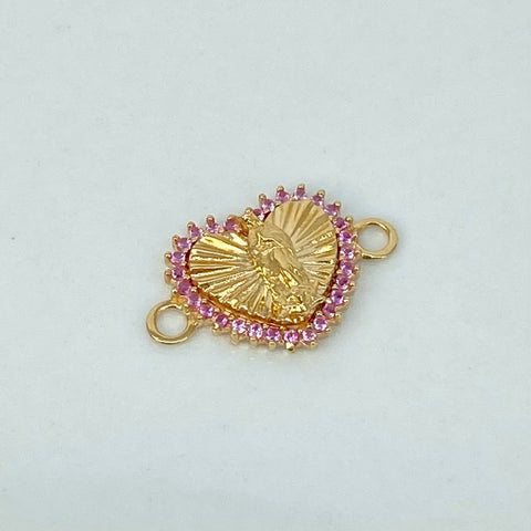 Herraje Corazon Virgen Guadalupe Circones Rosas Oro amarillo 18k 1,45 Gr / 1,9 Cm