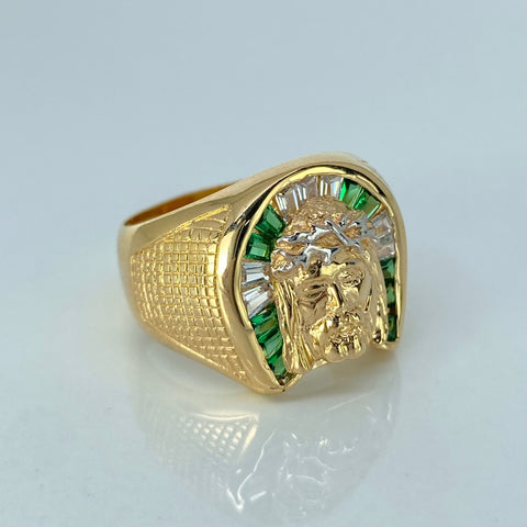 Anillo Rostro Jesus Circones Blancos Verdes Oro amarillo / Talla 10 / 7 Gr