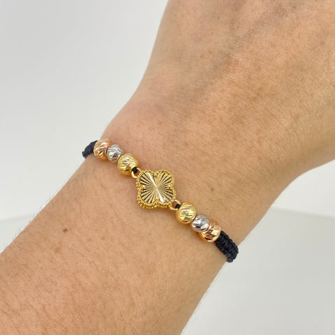 Pulsera tejida Herraje Trebol Diamantado / BD 6uni 6/5mm / Hilo Negro Tres oros 18k 2,19 Gr †