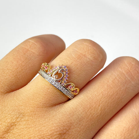 Anillo 15 Años  Circones Rosas Tres oros 18k / Talla 6 / 2,79 Gr †