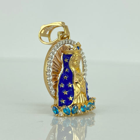 Dije Virgen Guadalupe Circones Celestes Blancos Tres oros 18k 8,22 Gr / 3,3 Cm †
