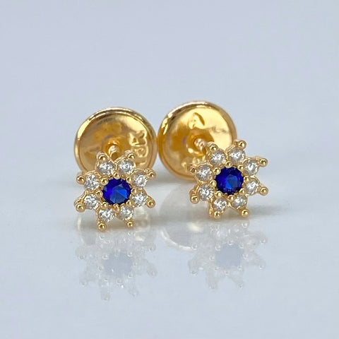 Topos Flor Circones Azul Blancos Oro amarillo 18k 0,55 Gr / 5 mm †
