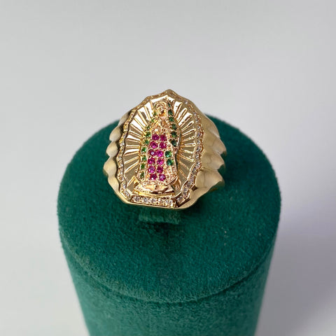 Anillo Contorno Virgen Guadalupe Circones Blancos Fucsias Y Verdes Oro amarillo 18k / Talla 7 1/2 / 6,88 Gr *