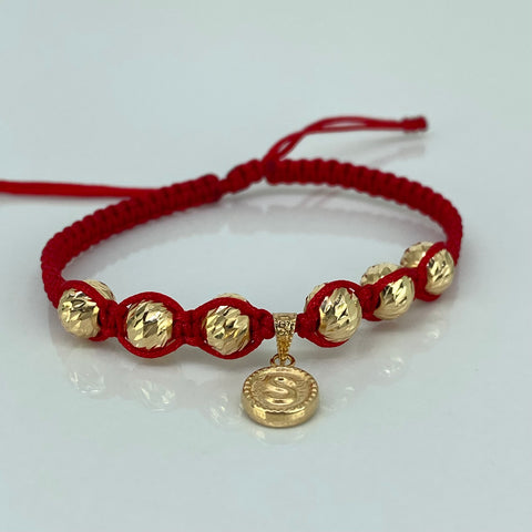 Pulsera tejida Dije Letra S / BD 6uni 7mm / Hilo Rojo Oro amarillo 18k 1,62 Gr *