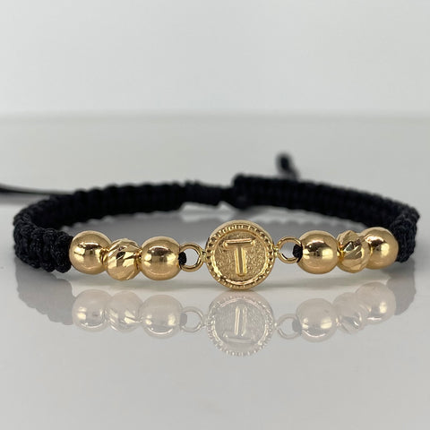Pulsera tejida Herraje Letra T / BD BL 6uni 5mm / Hilo Negro Oro amarillo 18k 1,35 Gr *