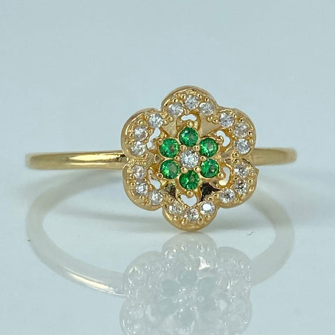 Anillo Flor Circones Blancos Verdes Oro amarillo / Talla 7 / 1,95 Gr