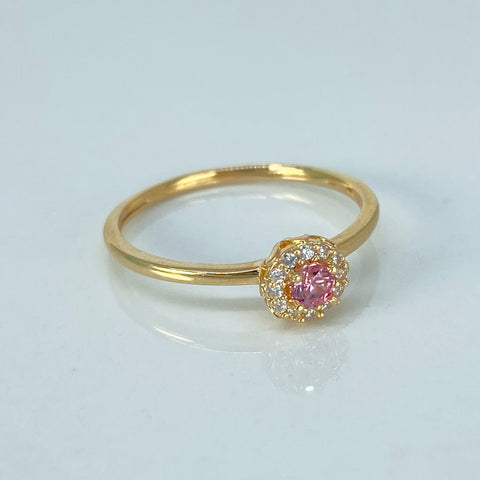 Anillo Solitario Flor Circones Blancos Rosa Oro amarillo / Talla 6 3/4 / 1,52 Gr †