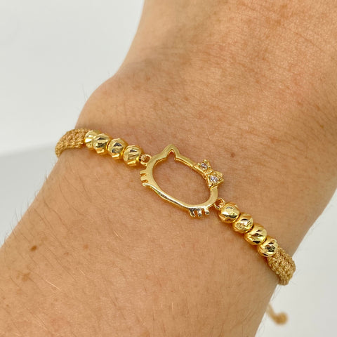Pulsera tejida Herraje Gato Circones Blancos / BD 8uni 4mm / Hilo Beige Oro amarillo 18k 1,41 Gr *