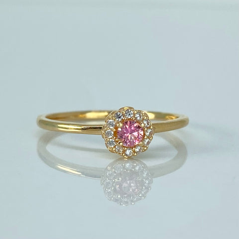 Anillo Solitario Flor Circones Blancos Rosa Oro amarillo / Talla 6 3/4 / 1,52 Gr †
