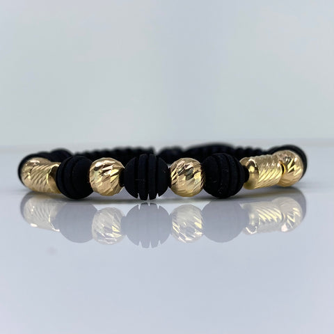 Pulsera tejida Bolas Diamantadas 7 mm / Cilindros Hilo Negro Oro amarillo 18k 1,62 Gr *