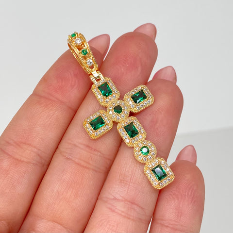 Dije Cruz Cuadros Circones Verdes Oro amarillo 18k 6,20 Gr / 5 Cm