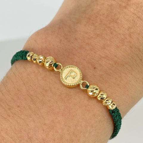 Pulsera tejida Herraje Letra P / BD 4/3mm 8uni / Hilo Verde Oro amarillo 18k 1,1 Gr *