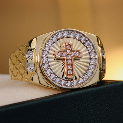 Anillo Cruz Circones Blancos Tres oros / Talla 9 1/2 / 6,85 Gr