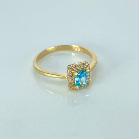 Anillo Solitario Rectangulo Circon Celeste Blancos Oro amarillo 18k / Talla 7 3/4 / 2,72 Gr †