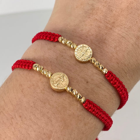 Pulsera tejida Pareja Herraje San Benito / BD 8uni 3mm / Hilo Rojo Oro amarillo 1,25 Gr *
