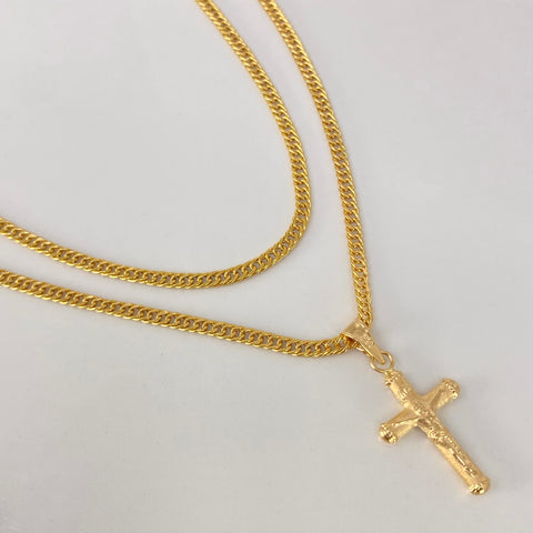 Set Cadena ● Cubana + Dije Cruz Cristo Oro amarillo 18k 4,65 Gr / 2,6 mm / 60 Cm
