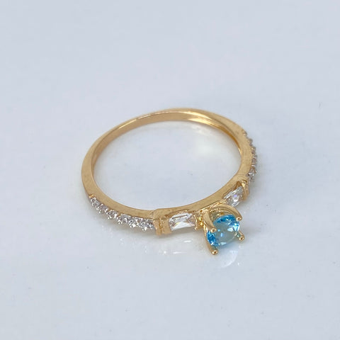 Anillo Solitario Circones Blancos Azules Oro amarillo / Talla 7 1/4 / 1,82 Gr *