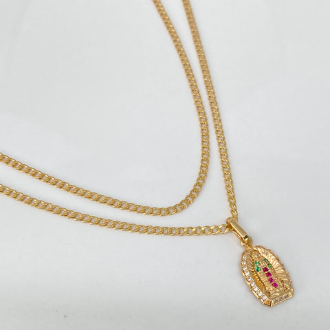 Set Cadena ● Cubana + Dije Virgen Guadalupe Verde Oro amarillo 18k 2,95 Gr / 2 mm / 45 Cm