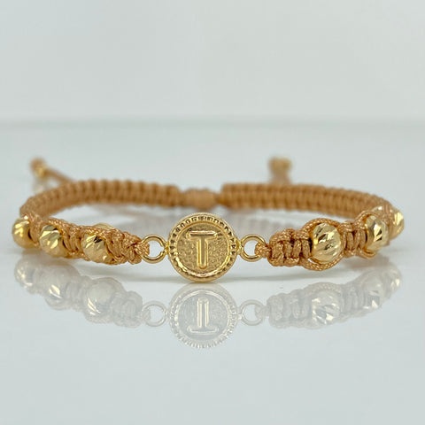 Pulsera tejida Herraje Letra T / BD 6uni 5mm / Hilo Beige Oro amarillo 18k 1,2 Gr *