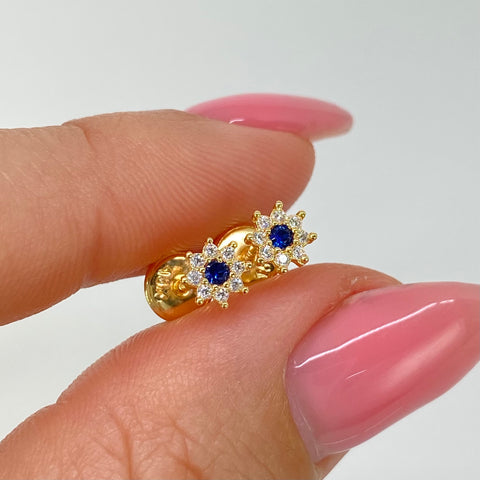 Topos Flor Circones Azul Blancos Oro amarillo 18k 0,55 Gr / 5 mm †
