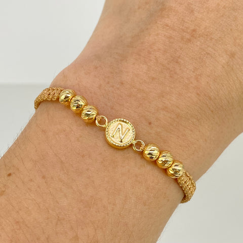 Pulsera tejida Herraje Letra N / BD 6uni 5mm / Hilo Beige Oro amarillo 18k 1,12 Gr *
