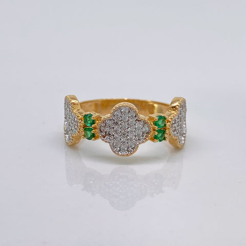 Anillo Trebol Circones Blancos Y Verdes Oro amarillo 18k / Talla 6 3/4 / 3,45 Gr *