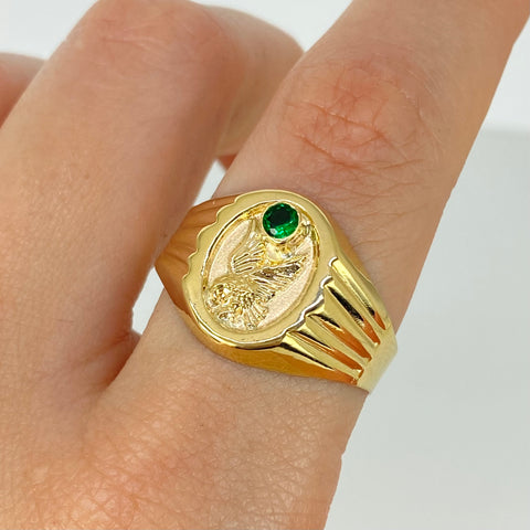 Anillo Sello Aguila Circon Verde Oro amarillo 18k / Talla 11 1/2 / 2,83 Gr †