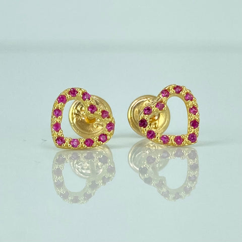Topos Corazon Circones Fucsias Oro amarillo 18k 0,9 Gr / 8,1 mm  *