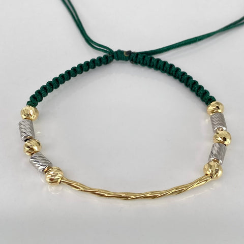 Pulsera tejida Herraje Entorchado / Cilindros BD 6uni 5mm / Hilo Verde Oro amarillo 18k 1,59 Gr *