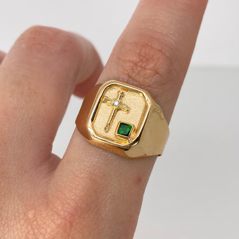 Anillo Sello Cruz CT Circones Blanco Verde Oro amarillo / Talla 10 3/4 / 3,4 Gr †