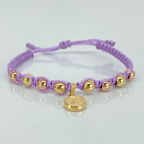 Pulsera tejida Dije Letra M / BL 8uni 5mm / Hilo Lila Oro amarillo y Oro rosa 18k 1,26 Gr *