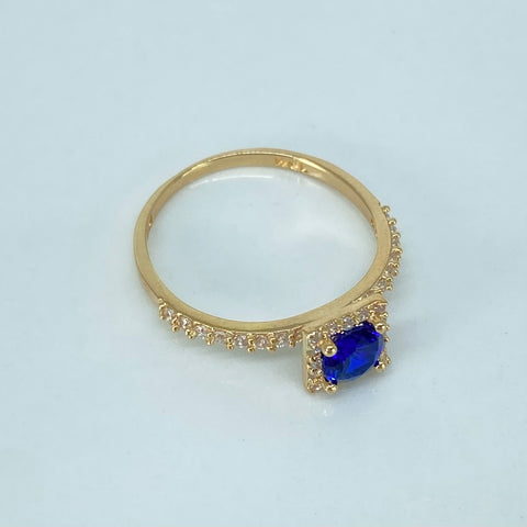 Anillo Solitario Cuadrado Circones Blancos Azul Oro amarillo / Talla 6 1/2 / 2,1 Gr *