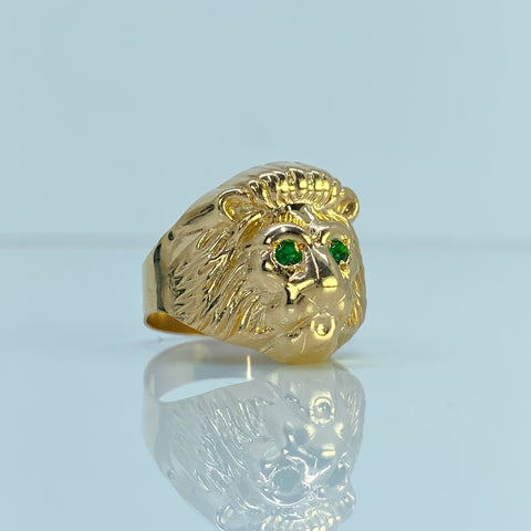 Anillo Cara León Circones Verdes Oro amarillo 18k / Talla 10 1/2 / 4,6 Gr *
