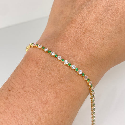 Pulso ● Tennis Circones Blancos Verdes Oro amarillo 18k +4 / 3,9 Gr / 3 mm / 17 Cm †