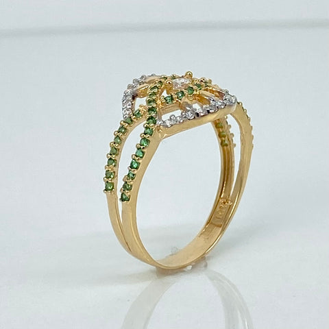 Anillo Ojo Circones Blancos Verdes Oro amarillo 18k / Talla 6 1/2 / 2,61 Gr
