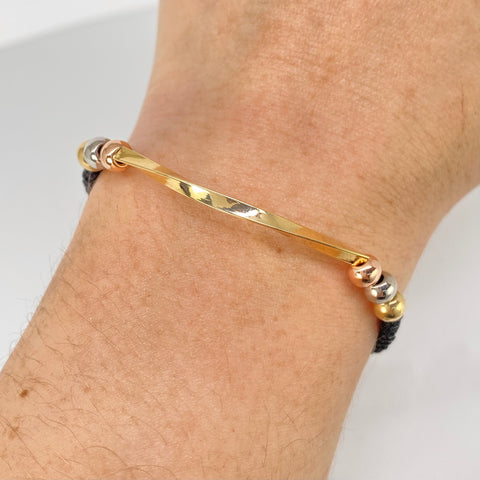 Pulsera tejida Herraje Melcochao / BL 6uni 5mm / Hilo Negro Tres oros 1,06 Gr †