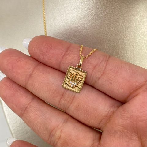 Set Cadena ● Mini China + Dije Corona Circones Blancos Oro amarillo 18k 2,88 Gr / 1,2 mm / 50 Cm *