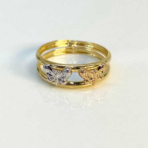 Anillo Mariposas Doble Líneas Tres oros 18k / Talla 7 1/4 / 1,96 Gr †
