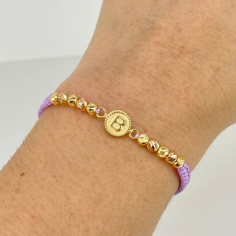 Pulsera tejida Herraje Letra B / BD 10uni 4mm / Hilo Lila Oro amarillo y Oro rosa 18k 1,15 Gr *
