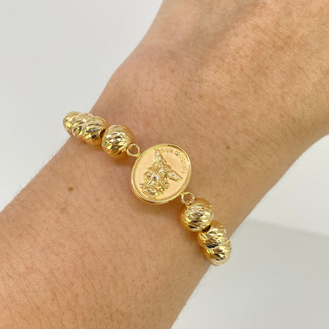 Pulsera tejida Herraje San Miguel / BD 8uni 8/7/6mm / Hilo Beige Oro amarillo 18k 2,93 Gr †