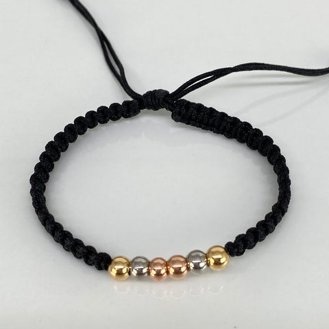 Pulsera tejida Bolas Lisas 6uni 5mm / Hilo Negro Tres oros 18k 0,7 Gr *